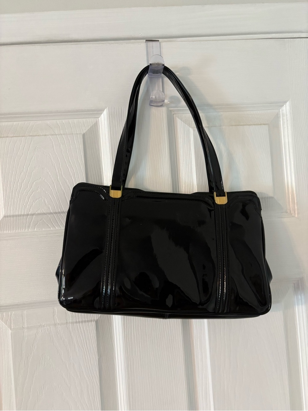 Black Patent Structured Frame Handbag Gold Tone Vintage Style